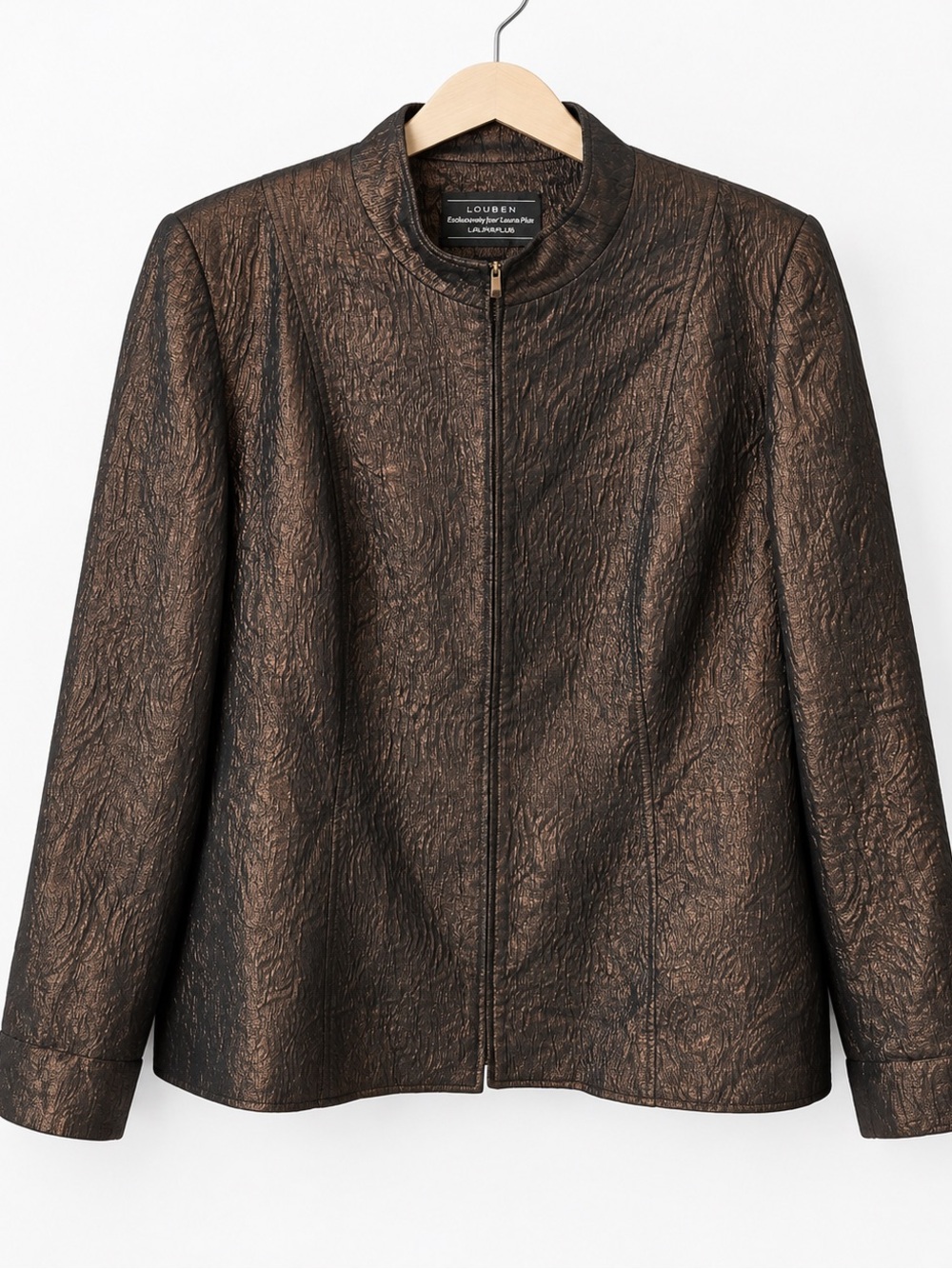 Louben Bronze Metallic Textured Zip Jacket Quiet Luxury Career Size 16